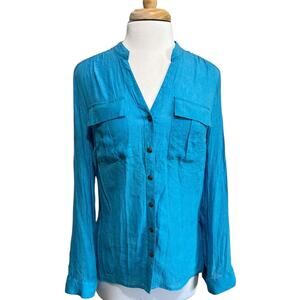Choices Women M Ocean Blue Beachy Coastal Tie Back Casual Roll Tab Sleeve Top